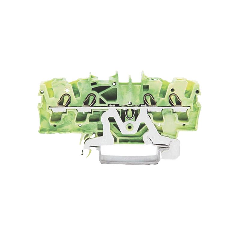 2002-1407 Borna de tierra para 4 conductores; 2,5 mm²; Apropiado para aplicaciones Ex e II; Marcaje lateral y central; para carril DIN 35 x 15 y 35 x 7,5; Push-in CAGE CLAMP®; 2,50 mm²; verde-amarillo