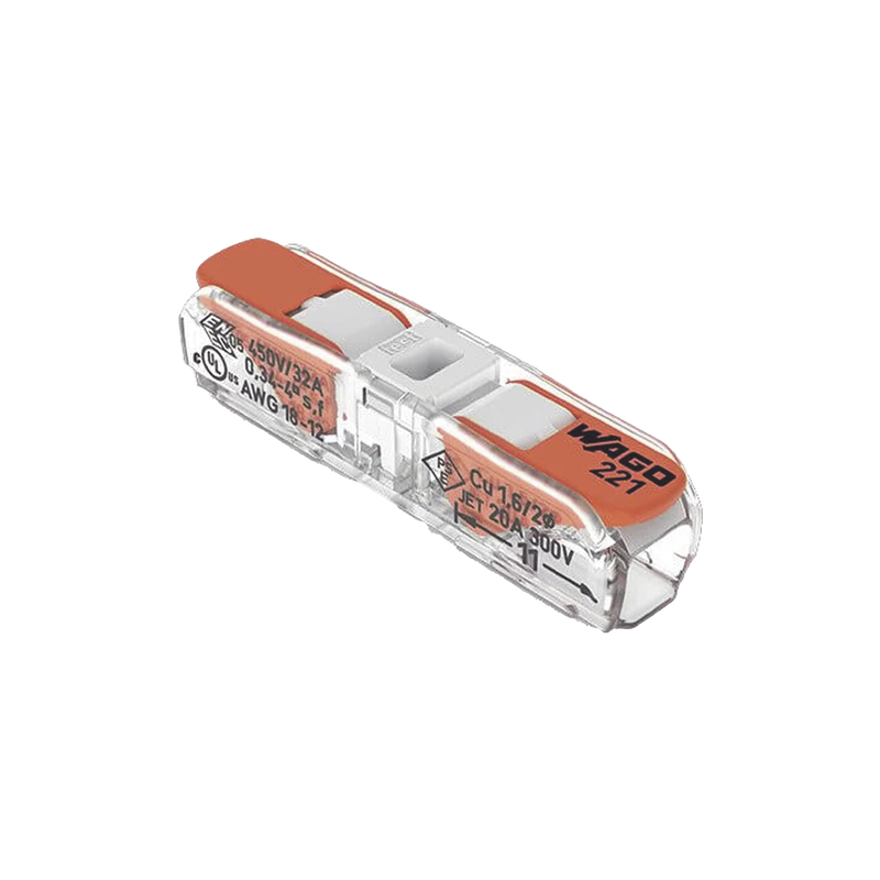 221-2401 Conect. p. instal. en línea con palancas; para cualquier tipo de conductor; máx. 4mm²; 2 conductores; Carcasa transparente; Color tapa blanco; Temperatura ambiente máxima 85°C (T85); 4,00 mm²; transparente