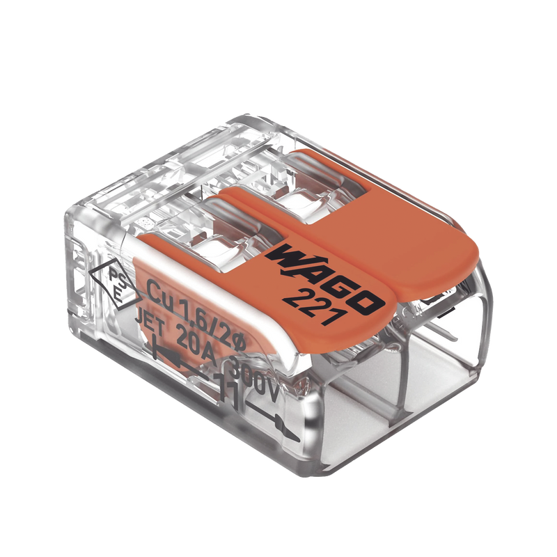 221-412 Borna de Conexión WAGO 221-412 / Palancas de Accionamiento / Capacidad 4 mm² / Transparente / CAGE CLAMP® / Compatibilidad con cables AWG 24-12