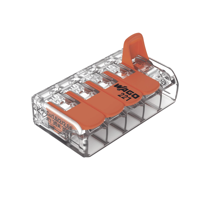 Conector de empalme compacto para todo tipo de conductores transparente para 5 conductores.