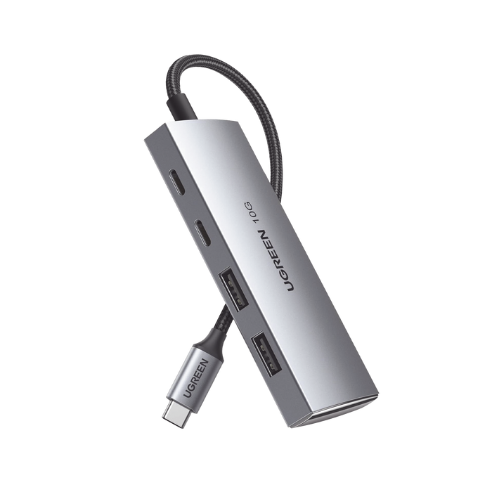 HUB USB-C 3.2 4 en 1 | 2 Puertos USB-C 3.2 (10 Gbps) | 2 Puertos USB-A 3.2 (10 Gbps) | Admite OTG | Compatible con MacBook, Chormebook, iMac, iPad Pro, iOS, Windows, Mac OS, Android | Carcasa de Aluminio | Nylon Trenzado.