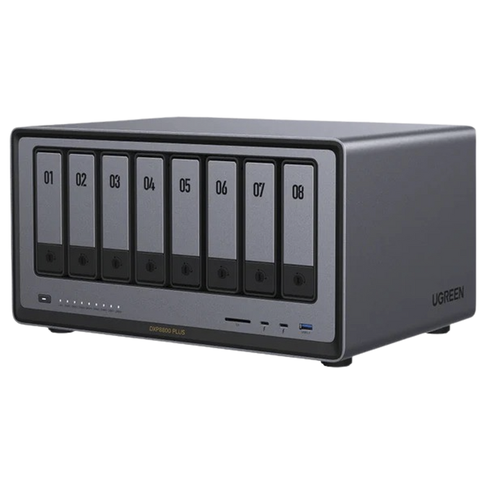 NASync DXP8800 Plus | SO UGOS Pro | Intel X86 12th Gen Intel® Core? i5 | SSD 128 GB | 8-Bahias (SATA) | 8GB DDR5 (Exp. a 32GB) | 2* M.2 SSD | 4 Puertos Thunderbolt?4 | WiFi | 1*USB3.2 Gen2, 10Gb/s | HDMI 8k.