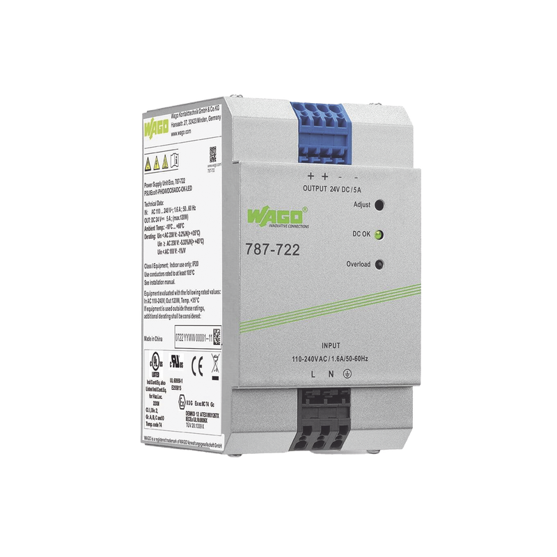 787-722 Fuente de alimentación; ECO; monofásico; Tensión de salida 24V DC; Corriente de salida 5A; DC-OK LED; 4,00 mm²
