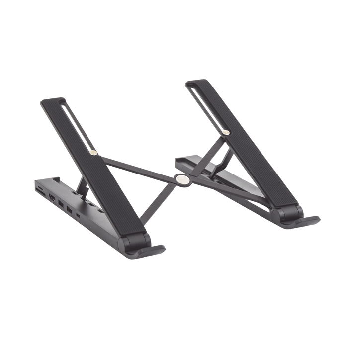 HUB (Docking Station) 5 en 1 con Soporte para Laptop | 2 USB 3.0 a 5Gbps | HDMI 4K@30Hz | Memoria Micro SD (TF) + SD | Amplia Compatibilidad de 10-15 | Ajuste de Altura | Aluminio | PC+ABS | Silicona | Color Negro.