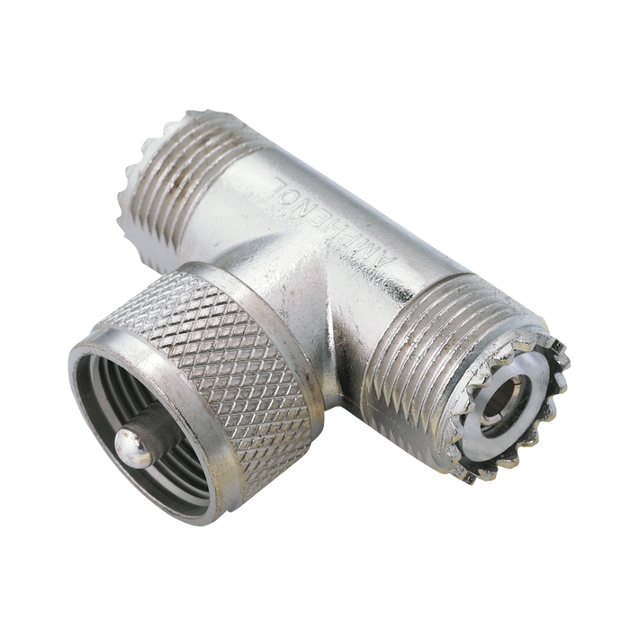 Adaptador en T AMPHENOL, de UHF Macho (PL-259) a Doble UHF Hembra (SO-239) para WP-629, WP-639, WP-641.