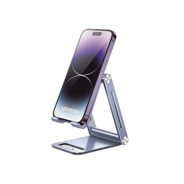 Soporte para Teléfono Celular de Aluminio / Angulo Ajustable / Amplia Compatibilidad con dispositivos de 4.7 a 7.9 / Antideslizante / Antiarañazos / Plegable / Color Azul