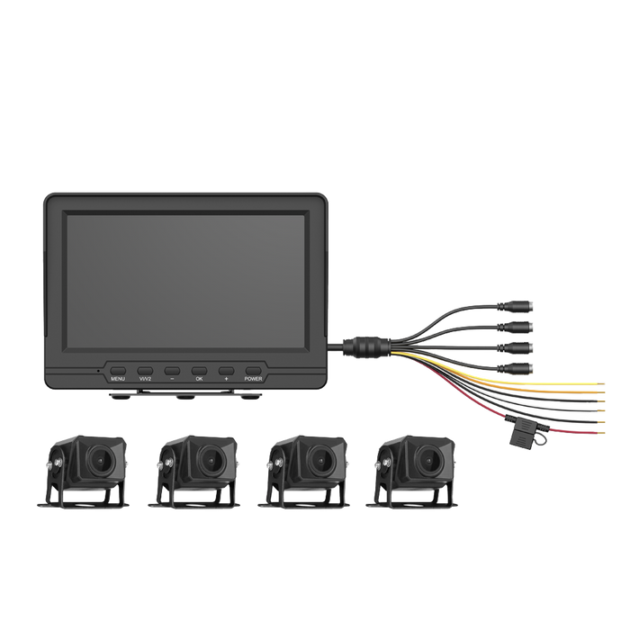 Sistema de Monitoreo Local / 4 Cámaras 1080p para Exterior (IP68) y Pantalla LCD de 7 a Color / Memoria Micro SD de 64 GB (Expandible a 512 GB) / Soporta Cambio de Cámara al Dar Reversa al Vehiculo / Accesorios de Instalación