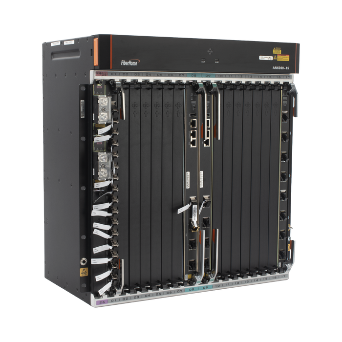 OLT Carrier Class Modular GPON, 14 Ranuras de Servicio, Incluye 1 Tarjeta de Servicio, Doble fuente -48Vcc, 11 UR, Gestión por UNM2000, CLI, (Incluye Instalación de software UNM2000)