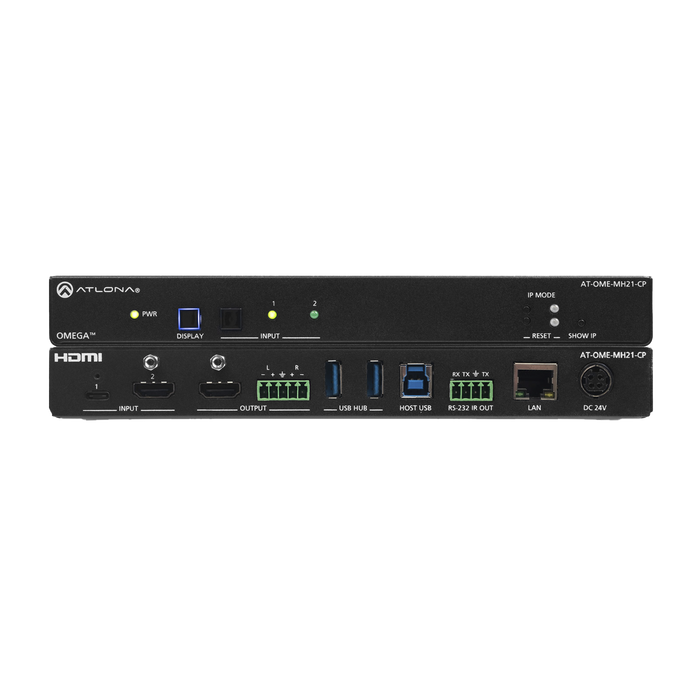 Matriz de dos entradas con entradas USB-C y HDMI, además de concentrador USB y carga de dispositivos