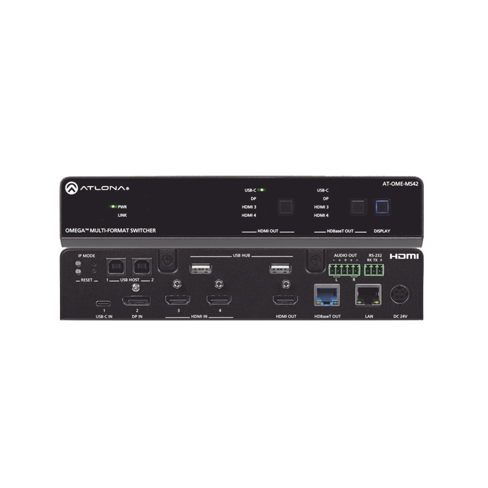 OMEGA Switch Matriz 4x2 de AV Multiformato con Entradas HDMI, USB-C y Display Port / Salidas HDMI y HDBaseT / para Videoconferencia y Presentaciones