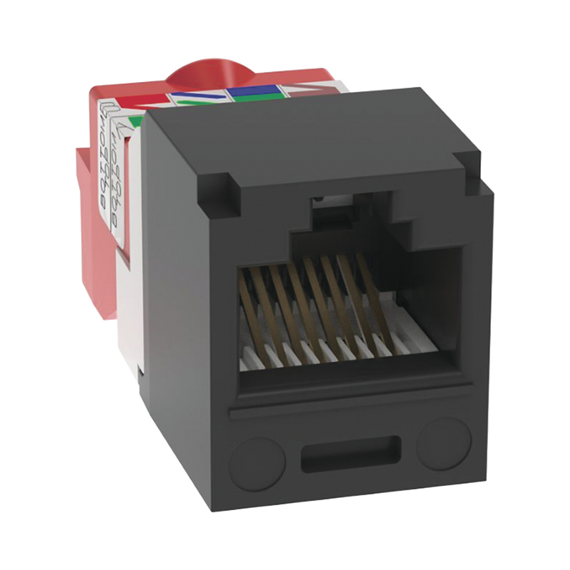 CJ5E88TBL Conector Jack RJ45 Estilo T, Mini-Com, Categoría 5e, de 8 posiciones y 8 cables, Color Negro