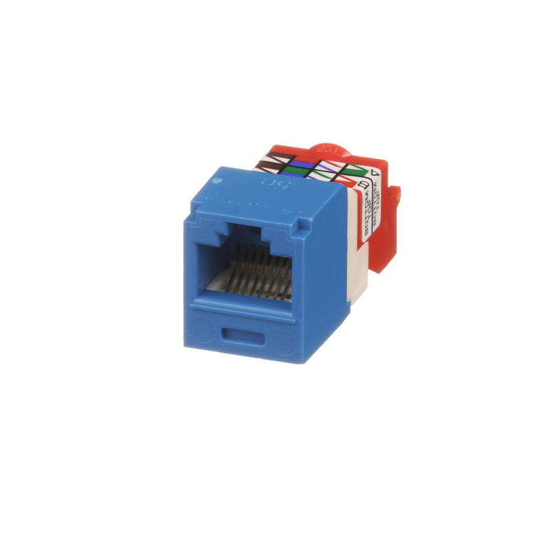 CJ5E88TBU Conector Jack RJ45 Estilo T, Mini-Com, Categoría 5e, de 8 posiciones y 8 cables, Color Azul