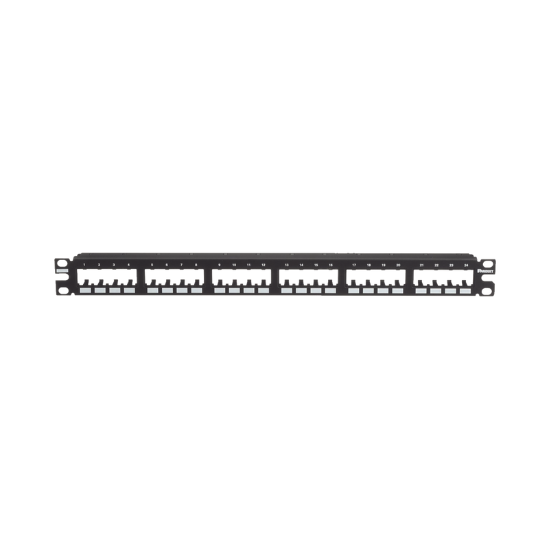 CPP24FMWBLY Panel de Parcheo Modular Mini-Com (Sin Conectores), Plano de Instalación al Ras, Sin Blindaje, de 24 puertos, 1UR