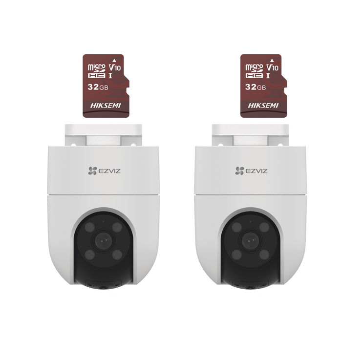 Kit de Camaras WiFi, Incluye 2 Piezas CS-H8C y 2 Piezas HS-TF-E1/32G / Audio de Dos Vías / Detección de Movimiento / Luz Estroboscópica / Sirena / Uso en Exterior con Protección