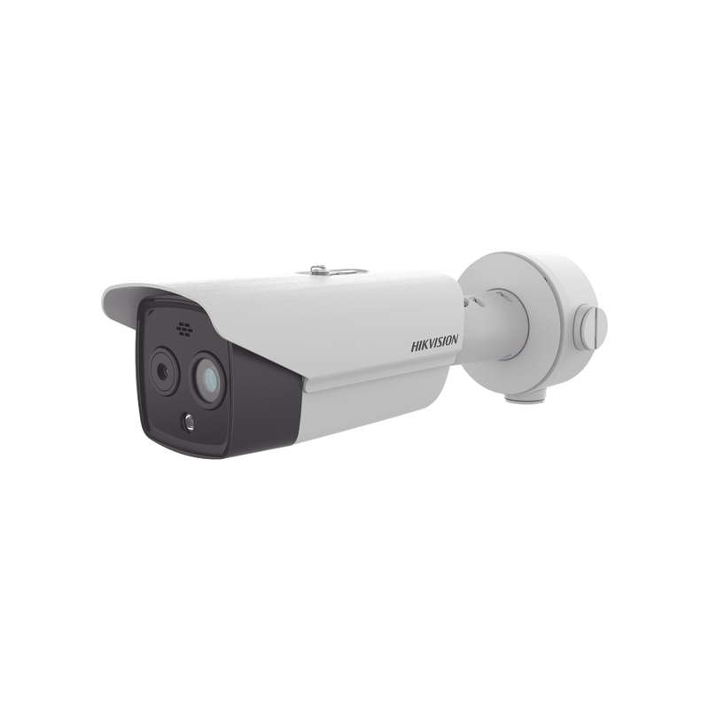 DS-2TD2628-7/QA Bala IP Dual / Térmica 6.9 mm (256 x 192) / Óptico 6.4 mm (4 Megapixel) / 30 mts IR / Exterior IP67 / PoE / Termométrica / Detección de Temperatura / Sirena y Luz Intermitente Integrada / Micro SD