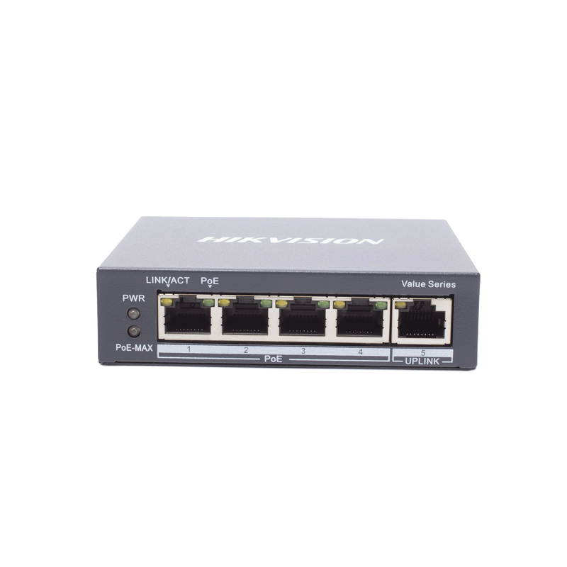 DS-3E0505P-E/M Switch Gigabit  PoE+ / No Administrable / 4 Puertos 1000 Mbps PoE+ / 1 Puerto 1000 Mbps Uplink / 35 Watts