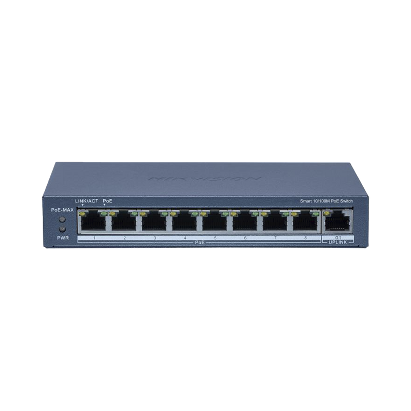 DS-3E1309P-EI Switch PoE+ / Monitoreable / 8 Puertos 10/100 Mbps PoE+ / 1 Puerto 1000 Mbps de Uplink / Configuración Nube Hik-PartnerPro / Modo Extendido hasta 300 Metros / 110 W