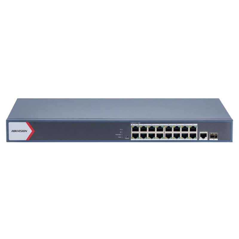 DS-3E1518P-EI Switch Gigabit PoE+ / Administrable / 16 Puertos 1000 Mbps PoE+ / 1 Puerto 1000 Mbps de Uplink / 1 Puerto SFP /  Configuración Nube desde Hik-Partner Pro / Modo Extendido hasta 300 Metros / 230 Watts