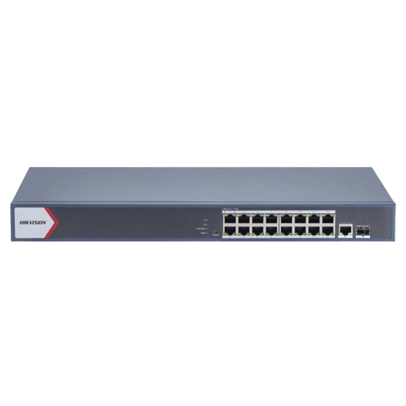 DS-3E1518P-EI/M Switch Gigabit PoE+ / Monitoreable / 16 Puertos 1000 Mbps PoE+ / 1 Puerto 1000 Mbps de Uplink / 1 Puerto SFP /  Configuración Nube desde Hik-PartnerPro / Modo Extendido hasta 300 Metros / 130 Watts