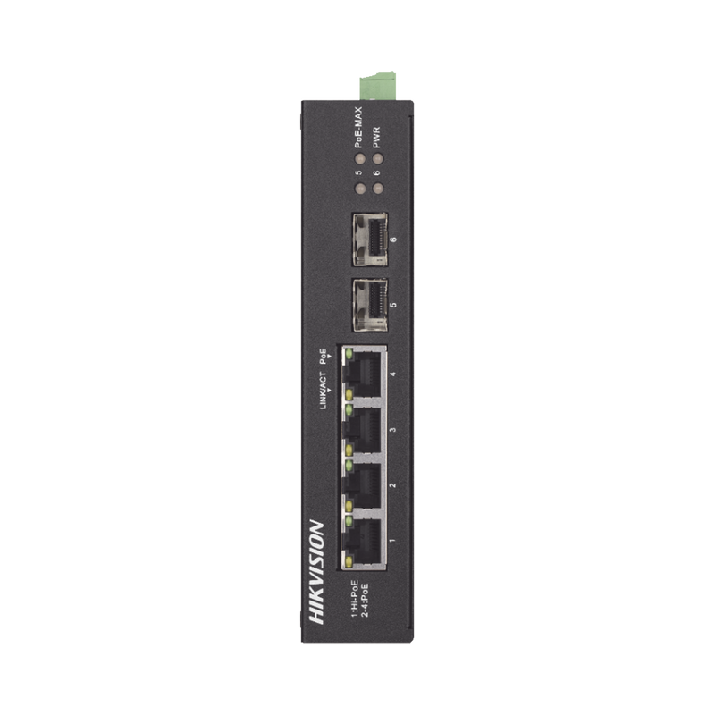 DS-3T0506HP-E/HS Switch Industrial No Administrable Gigabit / 3 Puertos Gigabit PoE+ (30 W) + 1 Puerto Gigabit PoE++ (60 W) / 2 Puertos SFP / 65 W Total / 48 a 57 VCD / Ideal para Proyectos / 300 Metros de Distancia