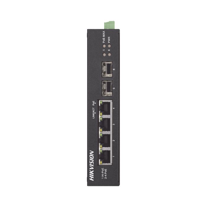 Switch Industrial No Administrable Gigabit / 3 Puertos Gigabit PoE+ (30 W) + 1 Puerto Gigabit PoE++ (60 W) / 2 Puertos SFP / 65 W Total / 48 a 57 VCD / Ideal para Proyectos / 300 Metros de Distancia