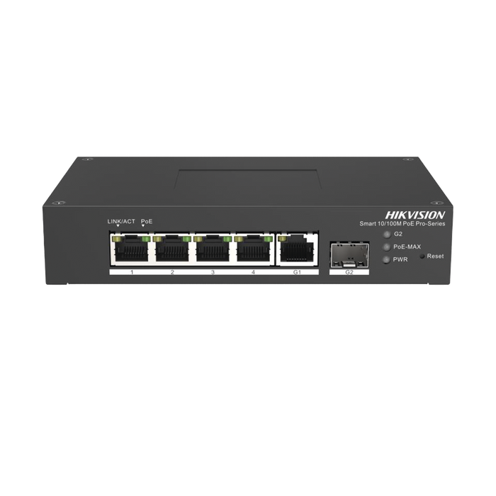 Switch PoE+ Industrial de Escritorio / Administrable / 4 Puertos 10/100 Mbps PoE+ / 1 Puerto 1000 Mbps Uplink / 1 Puertos SFP / Configuración Nube Hik-PartnerPro / Modo Extendido hasta 300 Metros / 60 Watts