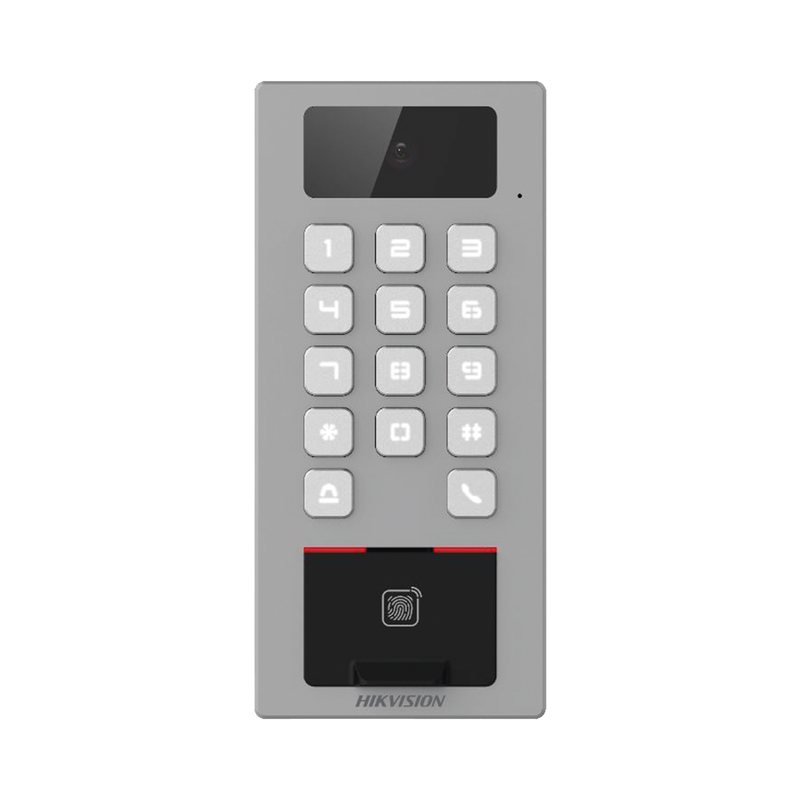 Terminal de Control de Acceso / Videoportero Multiapartamento Llamada a App / Teclado / Exterior Antivandálico IP65 & IK09 / Huella, Tarjeta, Código QR, PIN o App Hik-Connect  / Cámara 2 MP compatible con NVRs