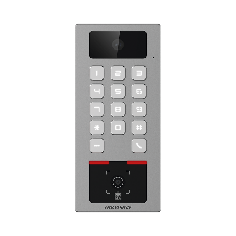 Teclado con Lector Físico de QRs para Exterior Antivandálico IP65 & IK09 con función de Videoportero Multiapartamento / Tarjeta, Código QR, PIN o App HikConnect  / Cámara 2 MP compatible con NVRs / Soporta b