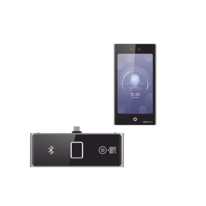 Terminal Facial Min Moe WiFi con pantalla de 7 y Lector de Huellas, Códigos QR y Bluetooth / Exterior IP65 / 10,000 rostros y 50,000 tarjetas / Soporta módulo lector de Huella, QR y Bluetooth / HIK-IA