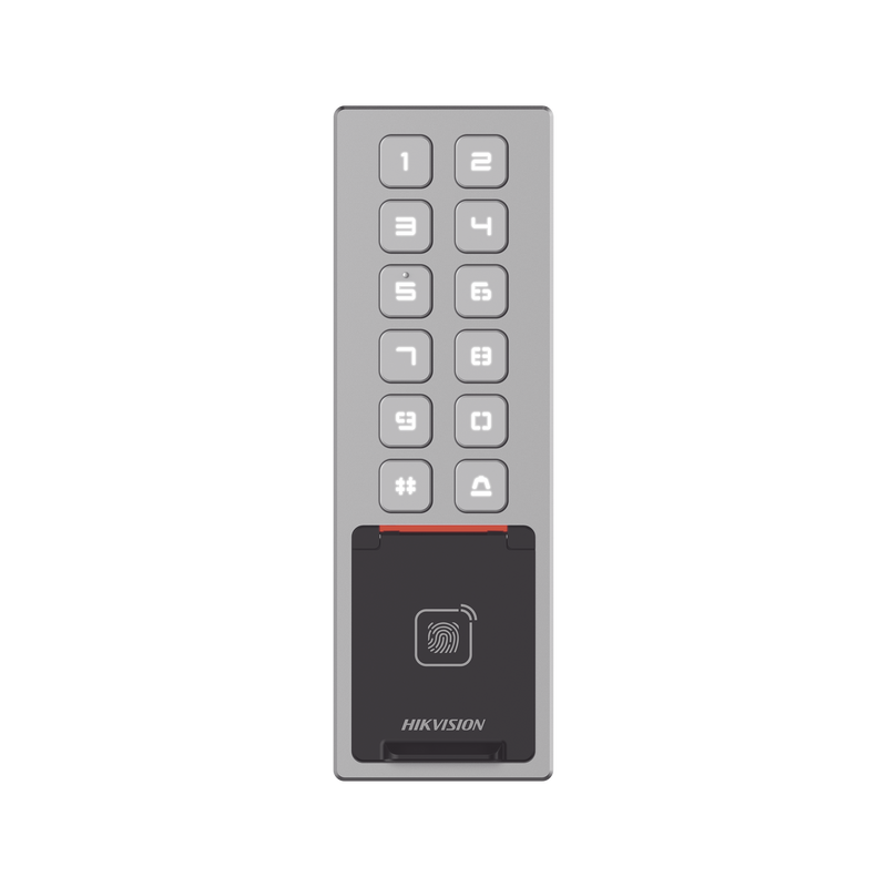 DS-K1T805MBFWX Teclado Exterior WiFi Antivandálico IP65 & IK08 / Administrable en la Nube / Alta y Baja de Passwords Remotamente con Horarios / Acceso por PIN, Tarjeta MIFARE, Huella y Tarjeta Virtual Bluetooth