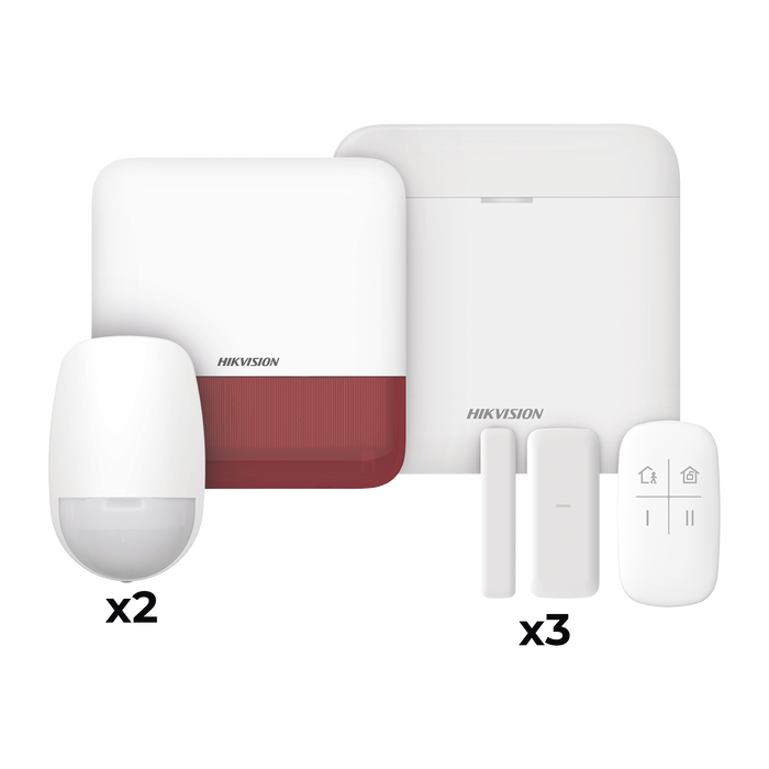 (AX PRO) KIT de Alarma AX PRO con GSM (3G/4G) / Incluye: 1 Hub con bateria de respaldo / 2 Sensores PIR / 3 Contactos Magnéticos mini / 1 Control Remoto / 1 Sirena estrobo Roja Inalambrica Exterior / WiFi / Compatible con Hik-Connect P2P
