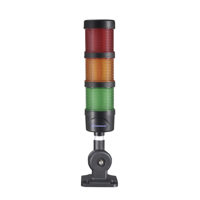 Torre LED Indicadora de estado de 3 niveles color Rojo, Ámbar y Verde, con Buzzer integrado a 85 dB, a 24 VCD con Montaje incluido de 60 mm de diámetro