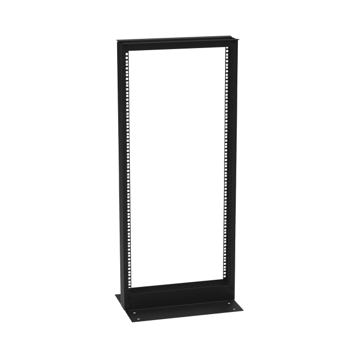 Rack de 2 Postes (Doble Perforación), Estándar 19, 24 Unidades, Fabricado en Acero, Base L para Anclar a Piso.