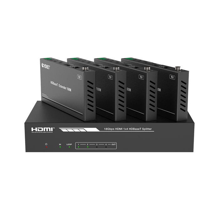 Splitter mas Extensor de Video | 1x4 | ProAV | HDBaseT? | 120m en 4K@60Hz | 150m en 1080p@60Hz | Cat6/6a/7 | Gestión Avanzada EDID | Control IR y RS232 | PoC | Salida de Audio