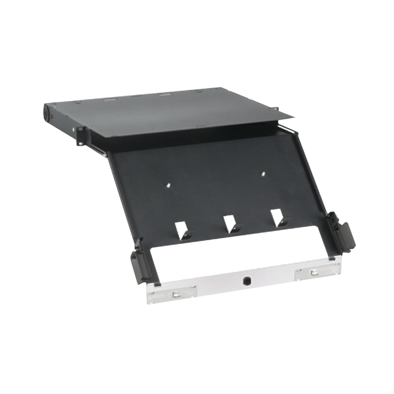 FCE1U Panel de Distribución de Fibra Óptica, Acepta 4 Placas FAP o FMP, Bandeja Deslizable e Inclinable Hacia Abajo, Hasta 96 Fibras, Color Negro, 1UR