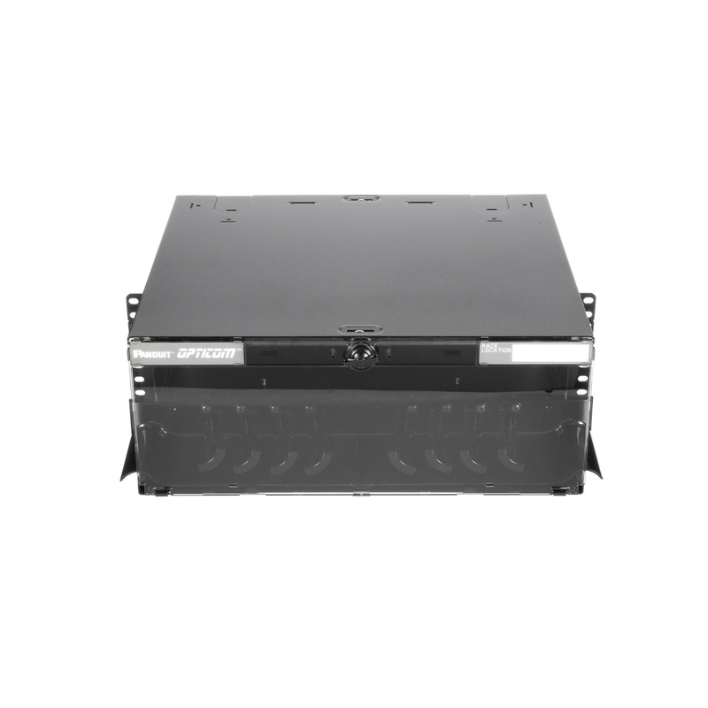 FCE4U Panel de Distribución de Fibra Óptica, Acepta 12 Placas FAP o FMP, Bandeja Deslizable e Inclinable Hacia Abajo, Hasta 288 Fibras, Color Negro, 4UR