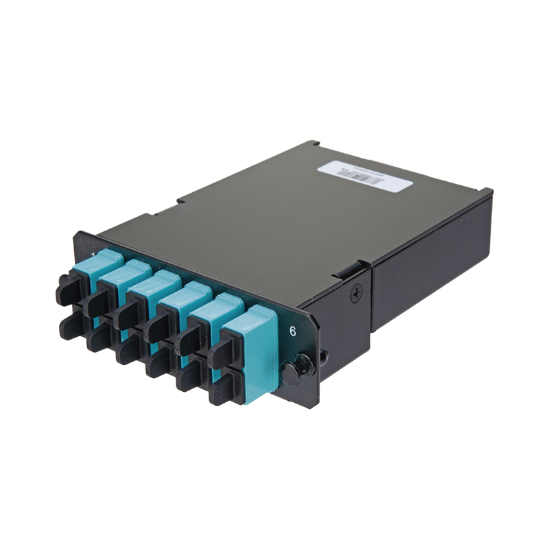 FCSZO-12-03P Placa Acopladora de Fibra Óptica FAP, Con 12 Pigtails y 6 Conectores SC Duplex (12 Fibras), Para Fibra Multimodo OM3/OM4, Color Aqua