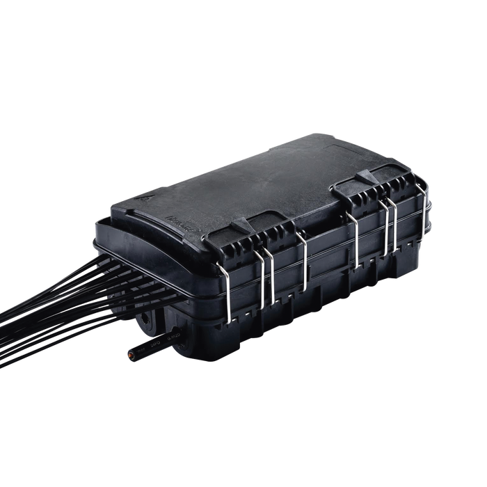Caja de Distribución de Fibra Óptica para 24 Empalmes, con 16 acopladores SC/APC simplex, Exterior IP65, Color Negro