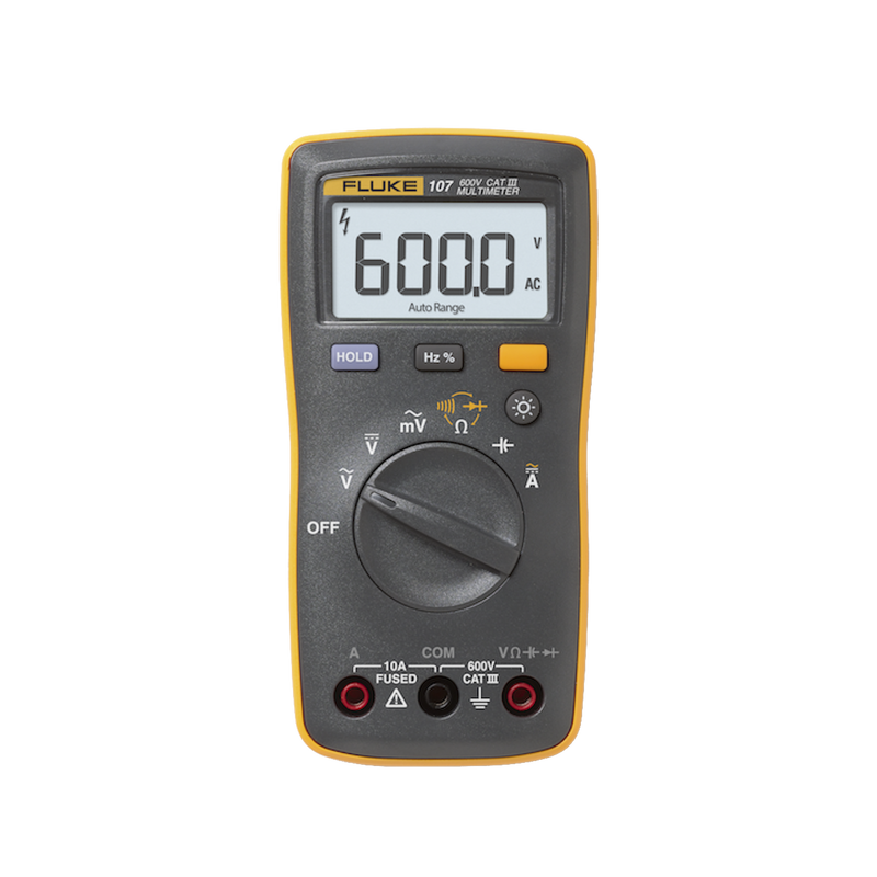 FLUKE-107ESP Multímetro Digital de Tamaño Compacto, Para Medición de Corriente y Tensión, Uso con Voltaje Máximo de 600 V, Pantalla LED Retroiluminada