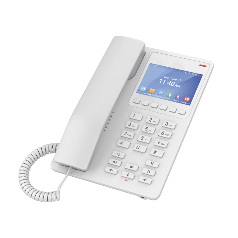 GHP630 Teléfono IP Hotelero con pantalla LCD a color, 2 líneas SIP con 2 cuentas, codec Opus, IPV4/IPV6, color blanco, con gestión en la nube GDMS