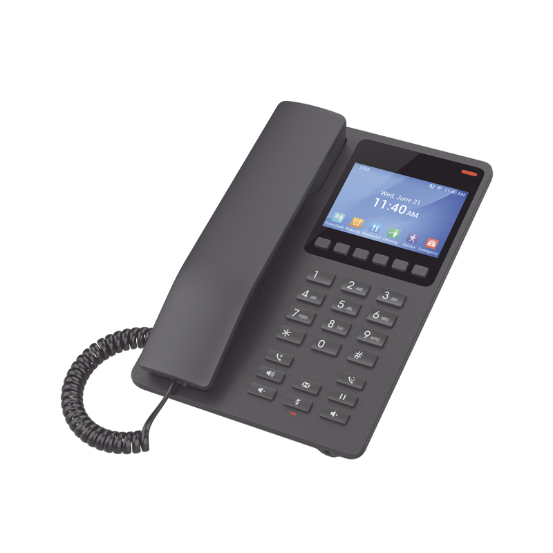 GHP631 Teléfono IP Hotelero con pantalla LCD a color, 2 líneas SIP con 2 cuentas, codec Opus, IPV4/IPV6, color negro, con gestión en la nube GDMS