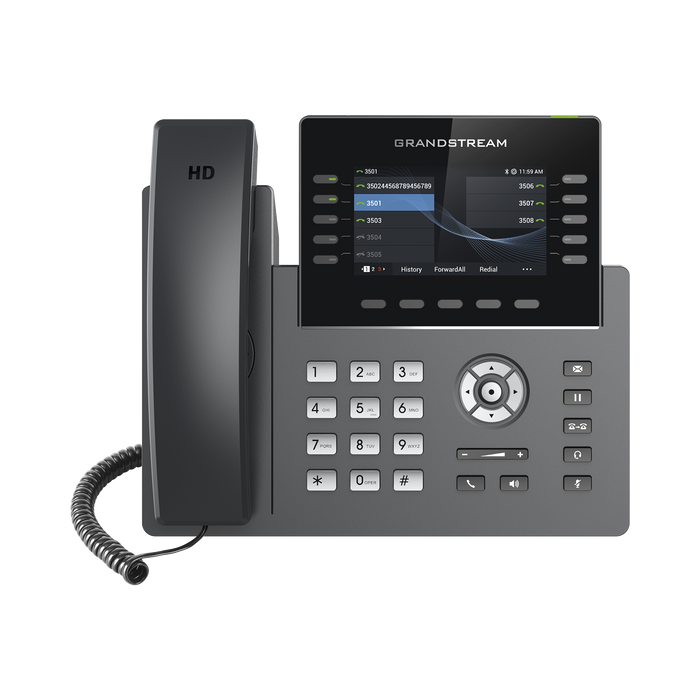 Teléfono IP Wi-Fi, Grado Operador, 10 líneas SIP con 5 cuentas, pantalla a color 4.3, puertos Gigabit, Bluetooth, PoE, codec Opus, IPV4/IPV6 con gestión en la nube GDMS
