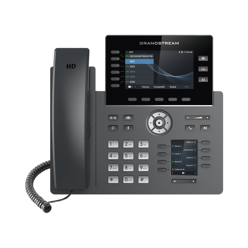 Teléfono IP Wi-Fi, Grado Operador, 6 líneas SIP con 6 cuentas, pantalla a color 4.3, puertos Gigabit, Bluetooth, PoE, codec Opus, IPV4/IPV6 con gestión en la nube GDMS
