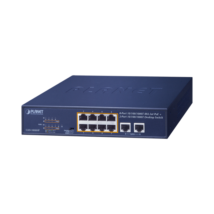 Switch de Escritorio No Administrable / 8 Puertos 10/100/1000T PoE+ 802.3at / 2 Puertos Uplink 10/100/1000T / Presupuesto PoE 120 Watts / Modos Estándar, VLAN y Extend / Distancia Extendida 250 mts / Rackeable