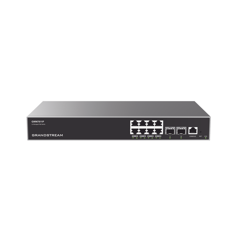 GWN7811P Switch Capa 3 PoE+ Administrable / 8 puertos 10/100/1000 Mbps + 2 Puertos SFP+ de 10 Gigabits / Hasta 120W / Compatible con GWN Cloud.