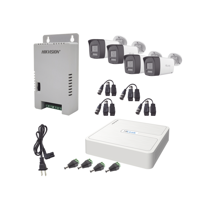 Kit HiLook Audio Bidireccional TurboHD 1080p / DVR 4 Canales / 4 Cámaras Bala (Exterior) con Bocina y Micrófono Integrado / 1 Fuente de Poder / Accesorios