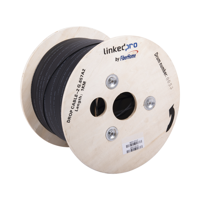Carrete de 1 km de Fibra Óptica Drop, Interior/Exterior G.657A2 Monomodo de 2 hilos (bifibra), Diseñada para Fusionarse, Dieléctrica, Forro Negro , (No Soporta Conectores Mecánicos)