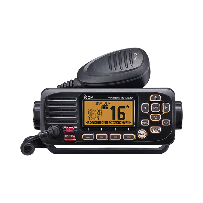 Radio móvil marino ICOM, Tx: 156.025-157.425MHz, Rx: 156.050-163.275MHz, 25W de potencia, sumergible IPX7 incluye: micrófono, cable de alimentación y accesorios