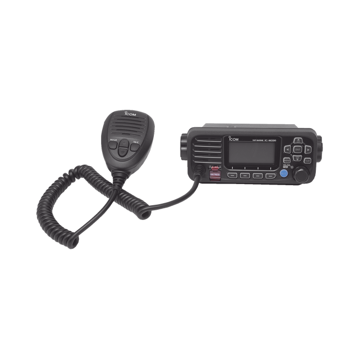 Radio Móvil Marino ICOM, color negro, clase D DSC. Tx: 156.025 - 157.425 MHz, Rx: 156.050 - 163.275 MHz, GPS interconstruido, 25W de potencia, sumergible IPX7 incluye micrófono y cable de alimentación