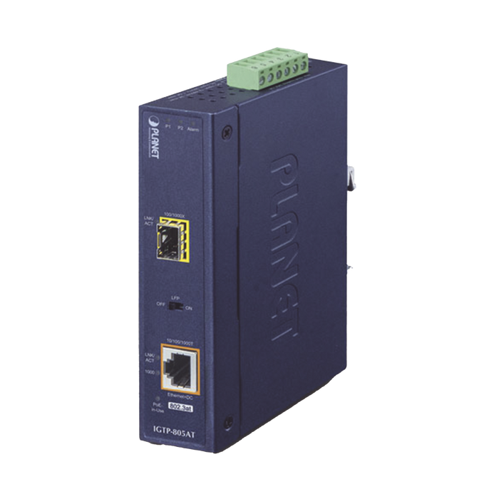 Convertidor de Medios PoE Industrial, Puerto SFP 1000BASE-SX/LX a Puerto RJ45 Gigabit con Salida PoE 802.3at (Hasta 30 W).